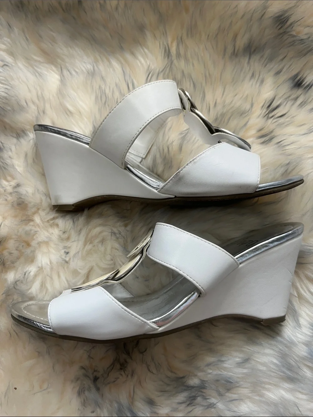 Impo White Slide Mules with Ivory Ring Detail